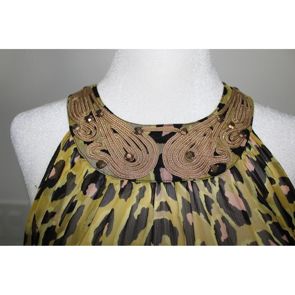 H&M Women's Leopard Halter Maxi Dress Gold Embroidered Chartreuse Sleeveless M/L - Picture 5 of 11